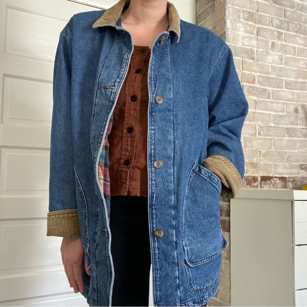 Vintage Dunbrooke Flannel Lined Denim Chore Barn Hunting Coat Corduroy Cotton - Picture 2 of 13